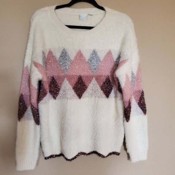 Oc Fuzzy Metallic Tinsel Sweater Size XL argyle - Picture 1 of 8